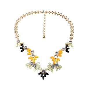 Floral Crystal Statement Necklace – Yellow, Green & Black Resin Petals